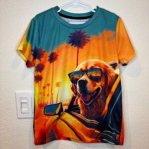 Sunny Golden Retriever Graphic Tee - Sunset Palm Print